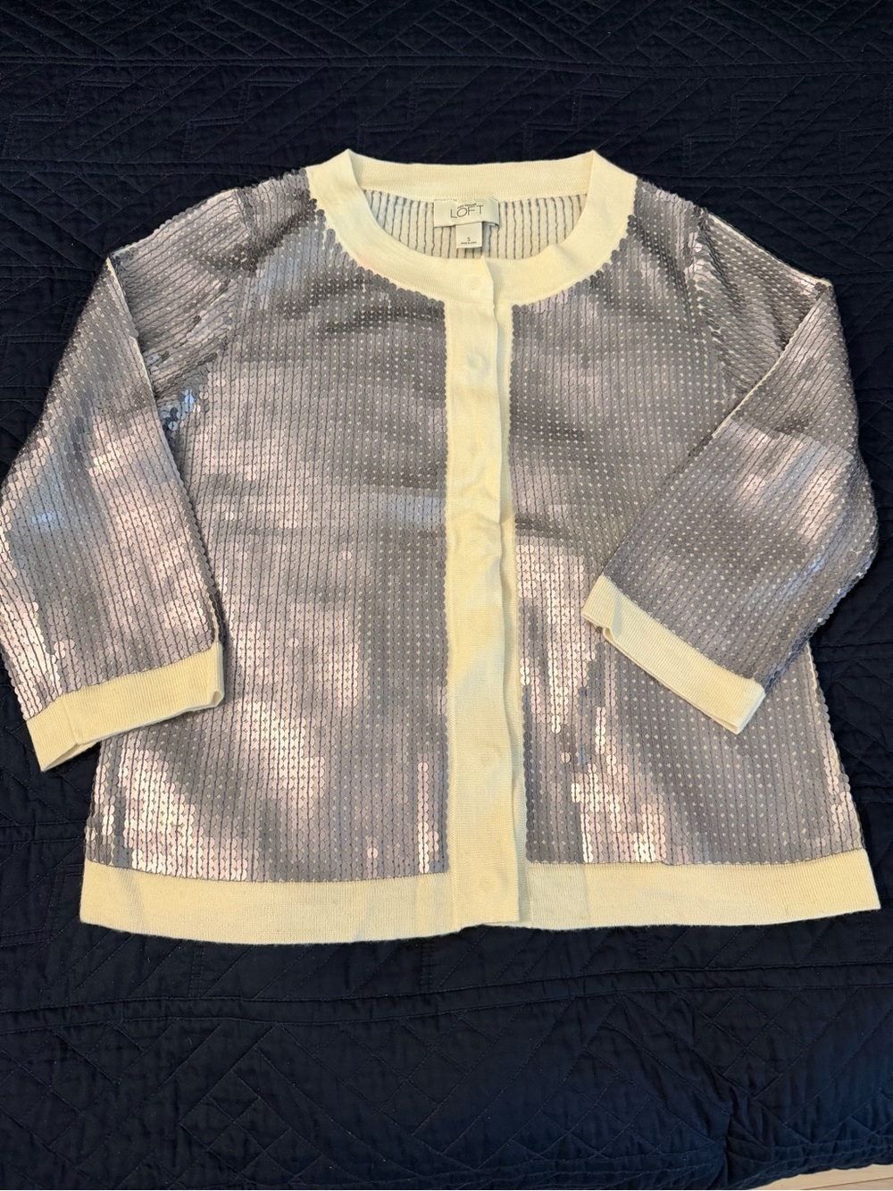 LOFT Silver Sequin Cardigan with Cream Trim NWOT